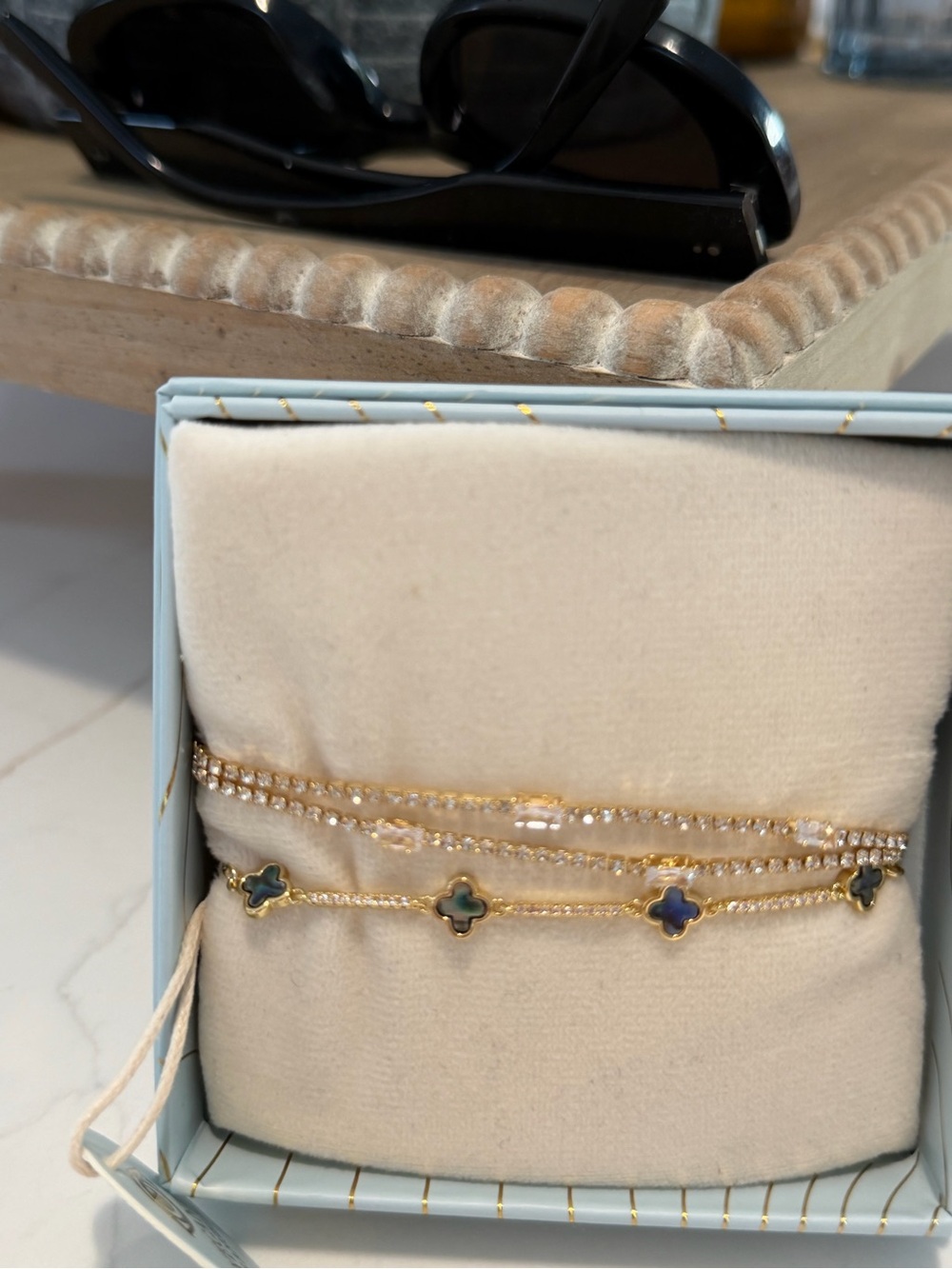 eye candy double Gold-Tone Layered Bracelet Set with Blue Clover Charms - Picture 2 of 3